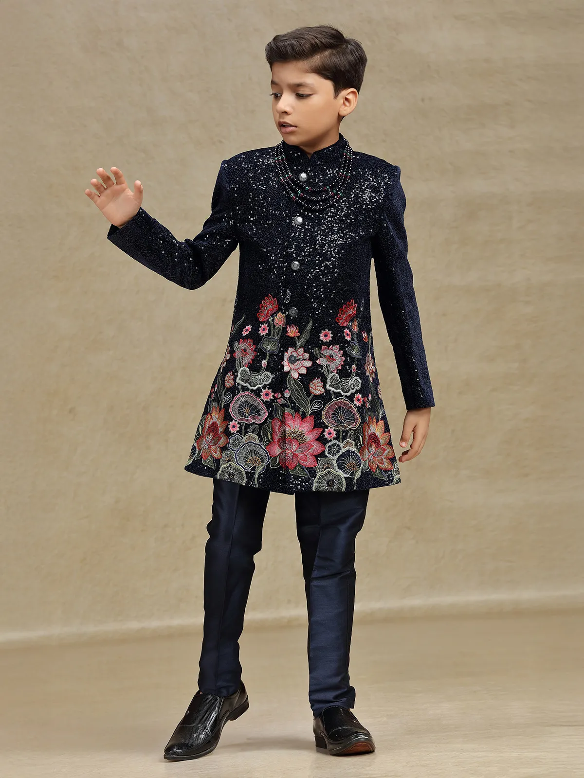 Navy boys indo western set in velvet