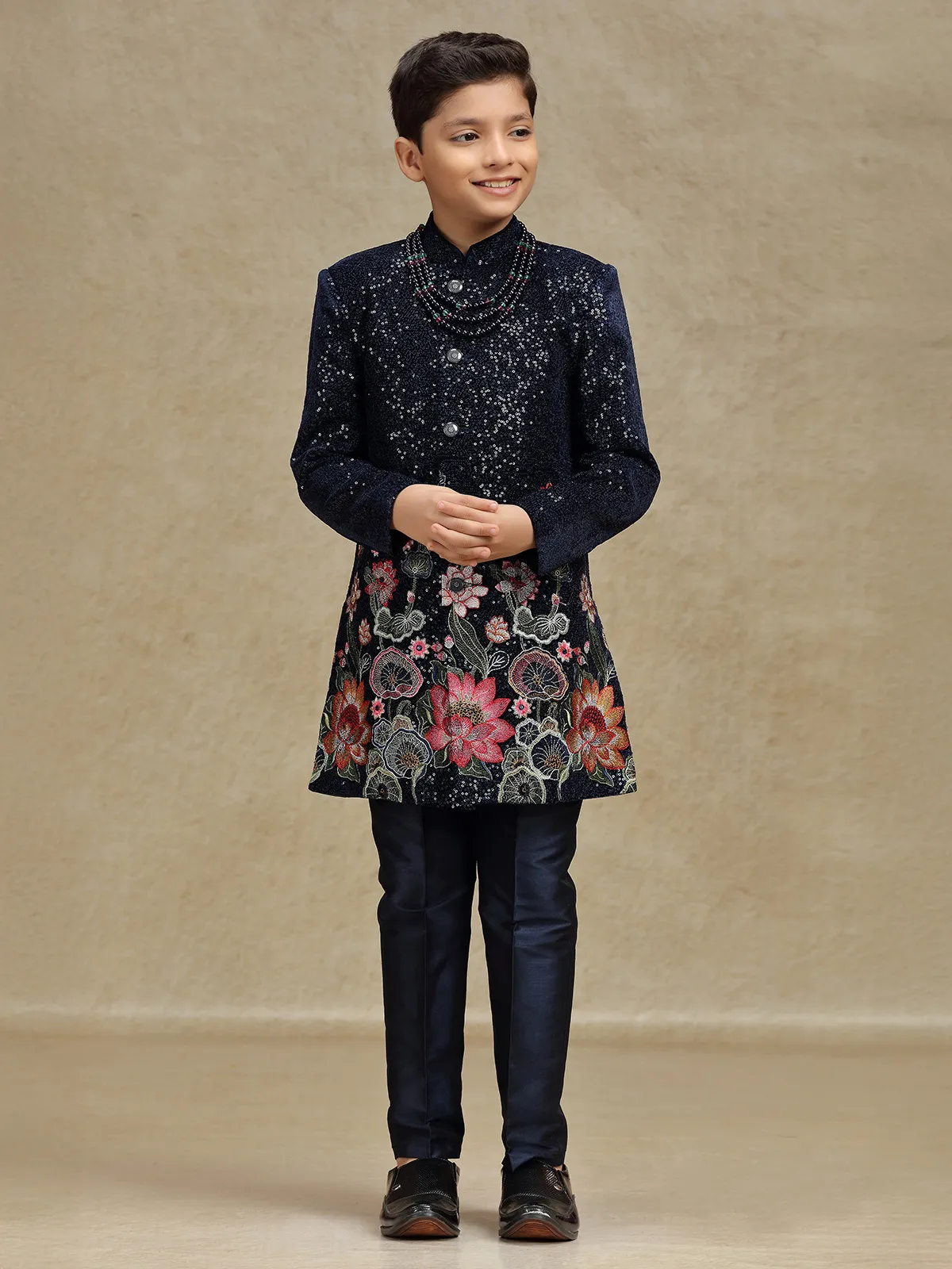 Navy boys indo western set in velvet