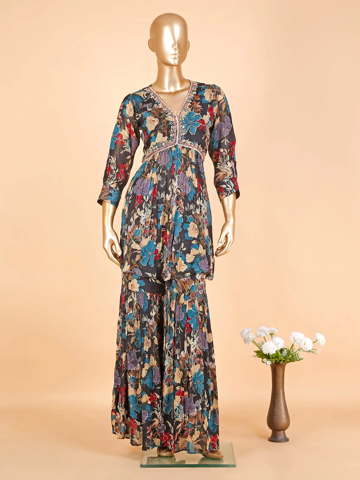 Navy chinon floral printed sharara suit