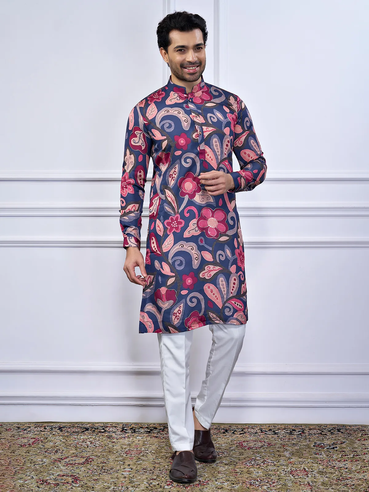 Navy cotton festival wear printed kurta suit