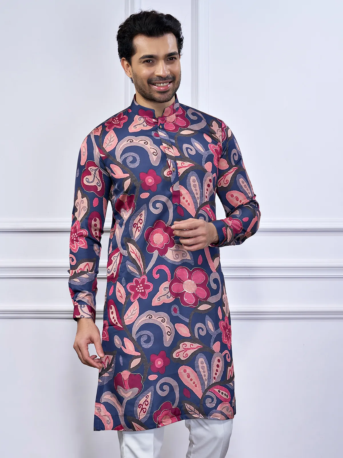 Navy cotton festival wear printed kurta suit