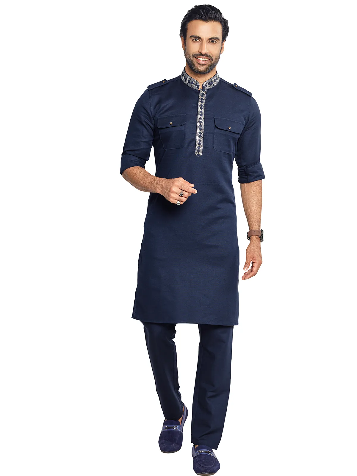 Navy cotton plain festive pathani suit