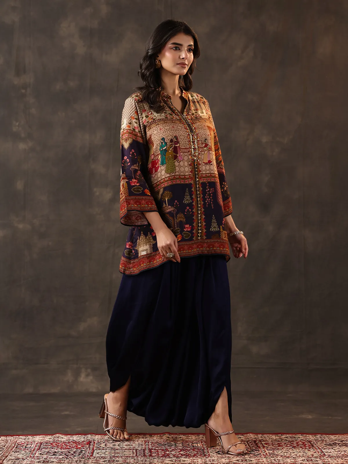 Navy crepe silk printed dhoti style festive suit