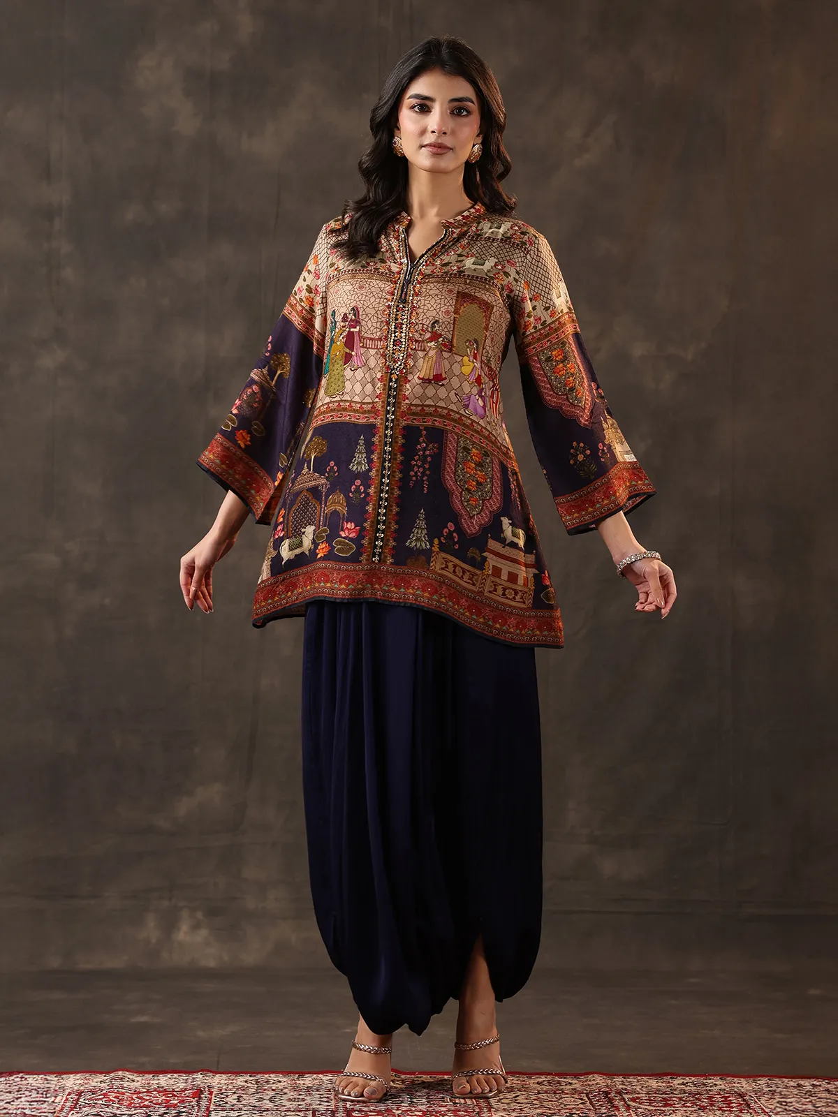Navy crepe silk printed dhoti style festive suit
