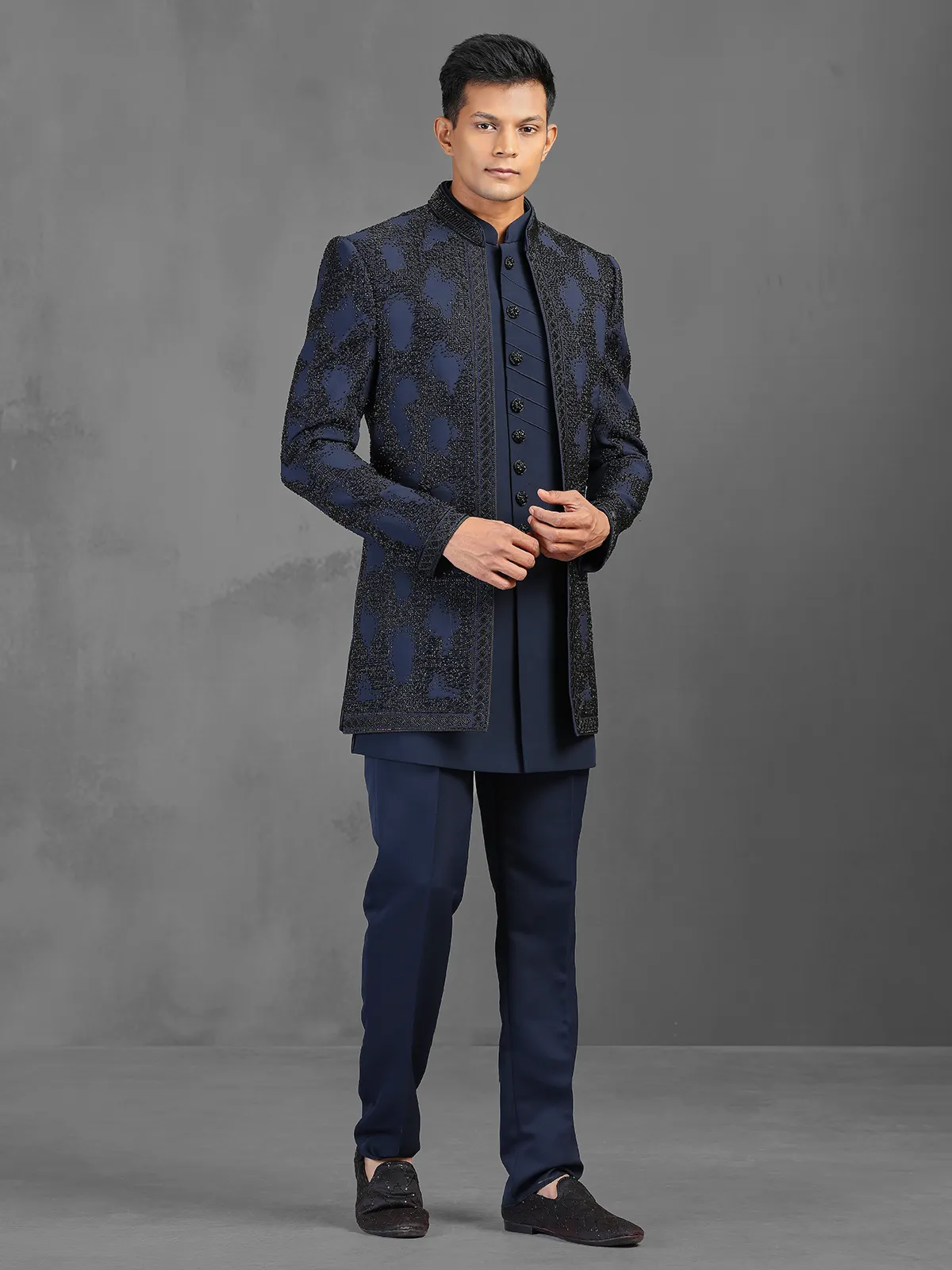 Navy cutdana worked indowestern suit in terry rayon