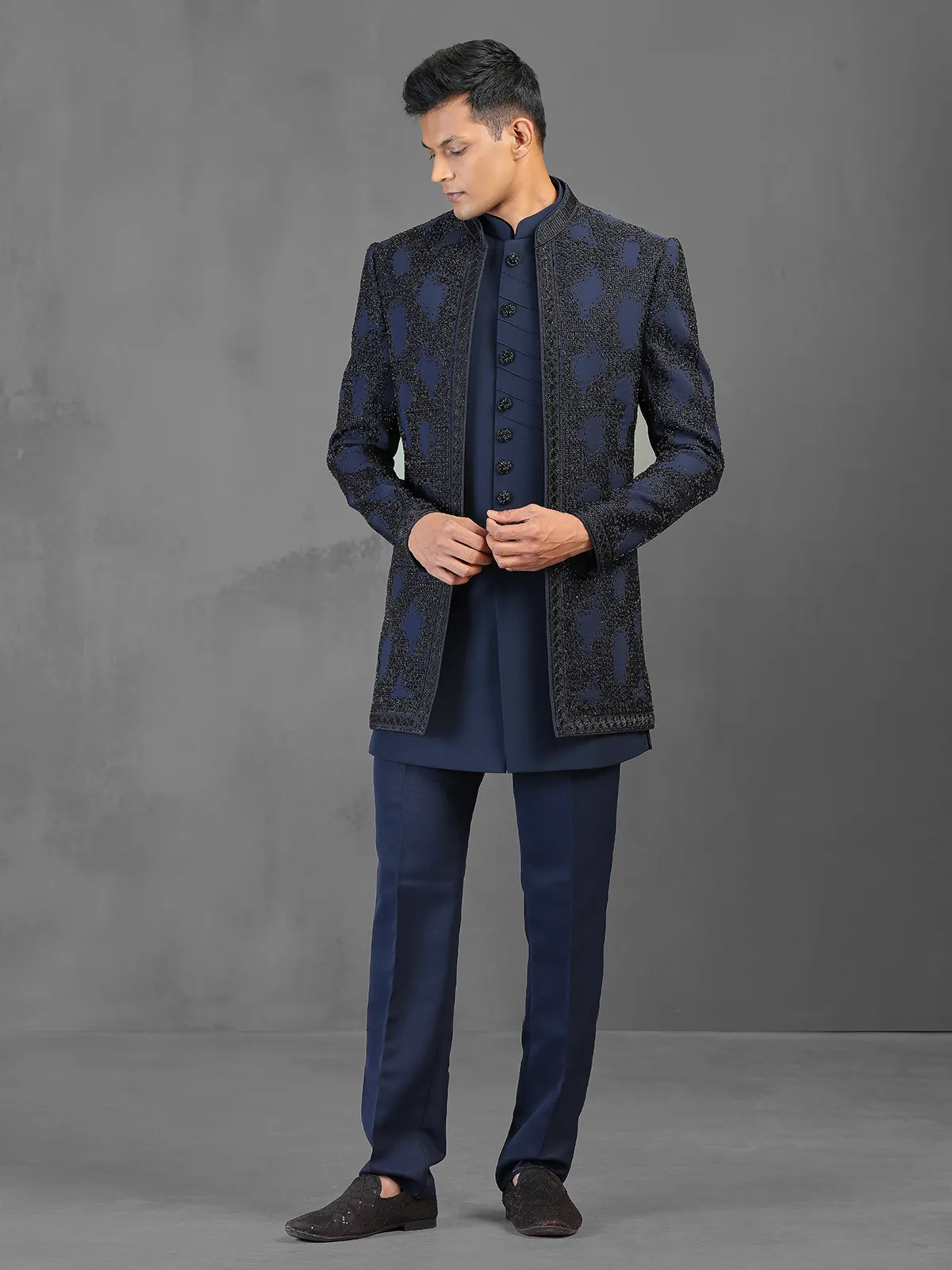 Navy cutdana worked indowestern suit in terry rayon