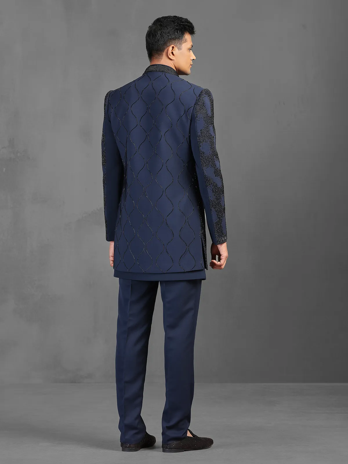 Navy cutdana worked indowestern suit in terry rayon