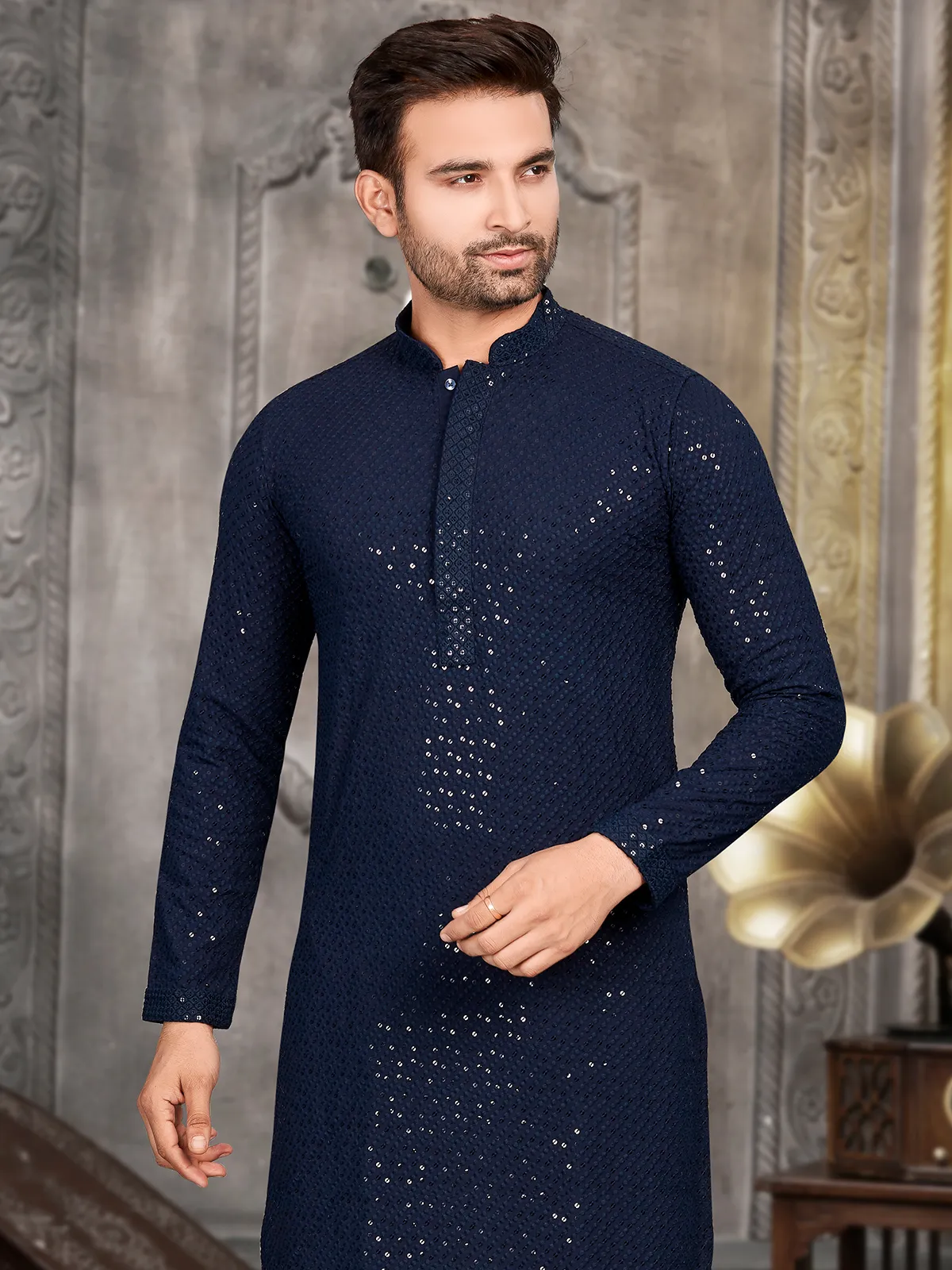 Navy embroidery cotton kurta