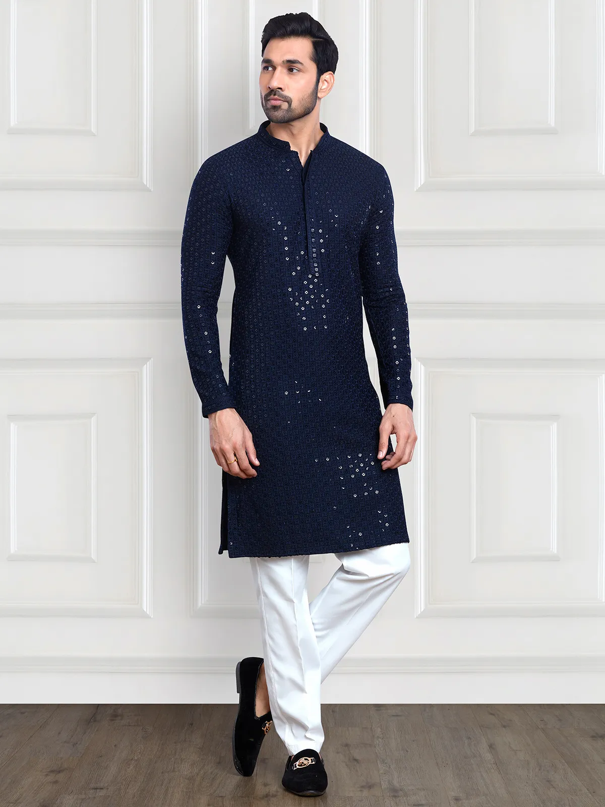 Navy embroidery kurta with peshawari dhoti