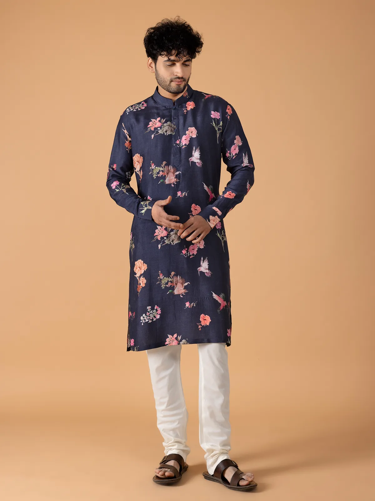 Navy floral printed  Men Kurta pajama in silk