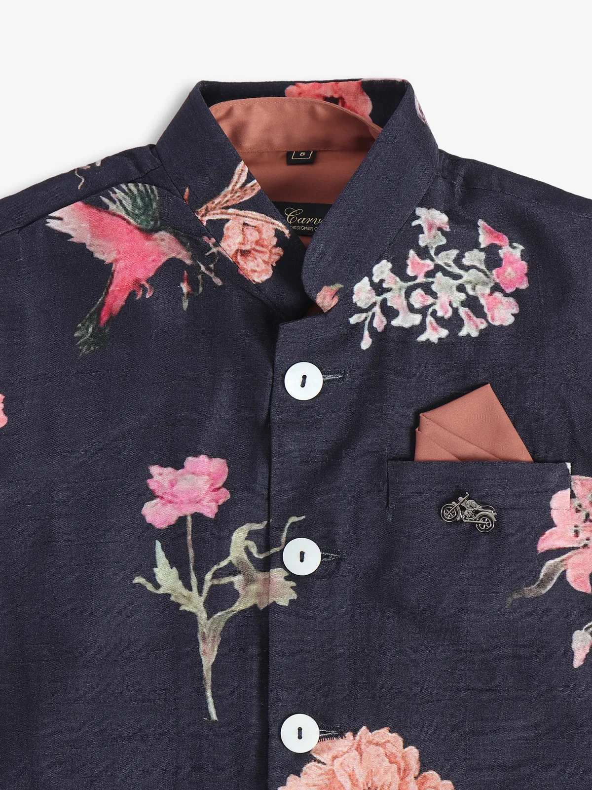 Navy floral printed silk waistcoat with shirt