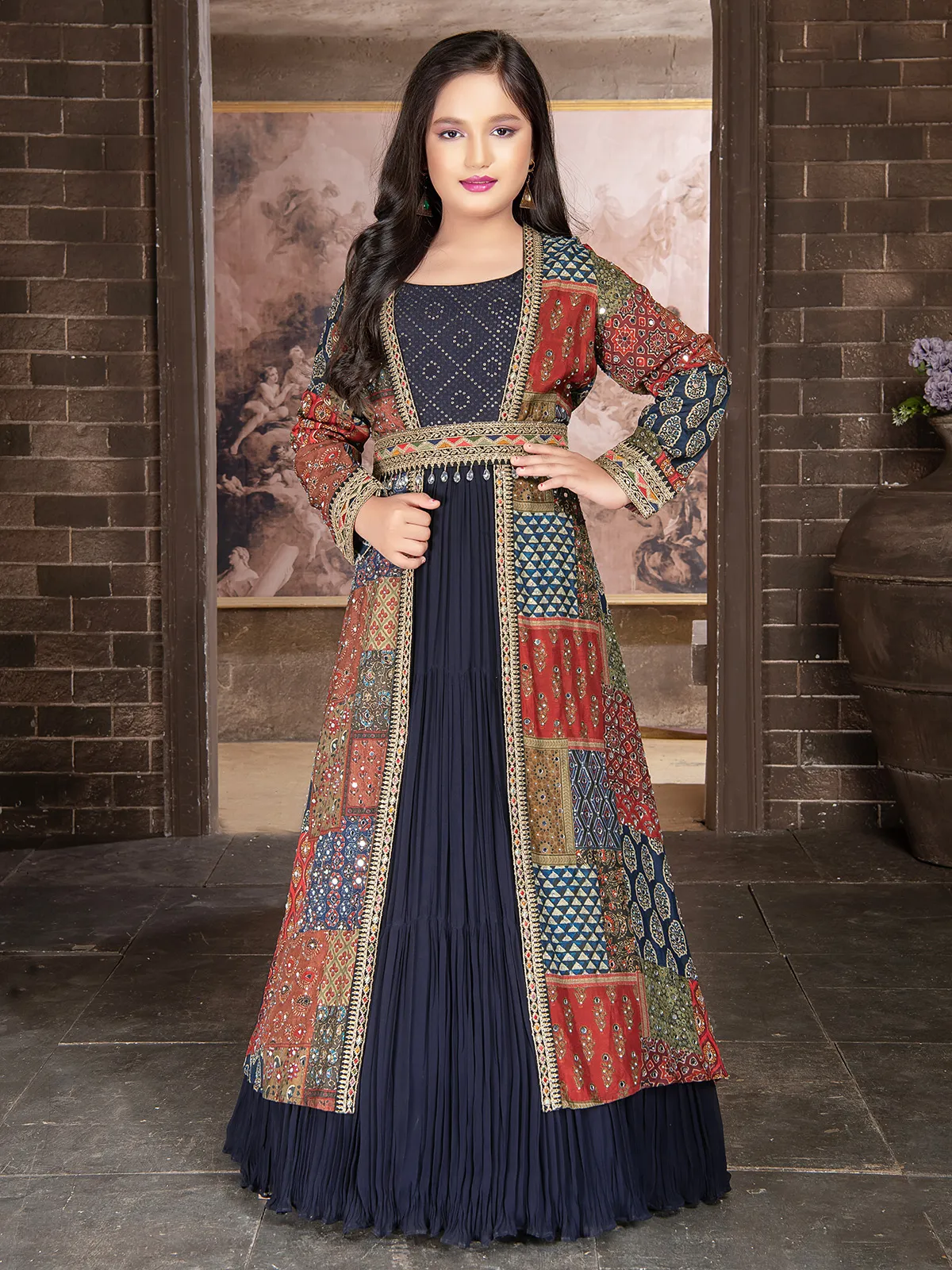 Navy georgette gown with printed shrug-G3-GGO0864 | United States