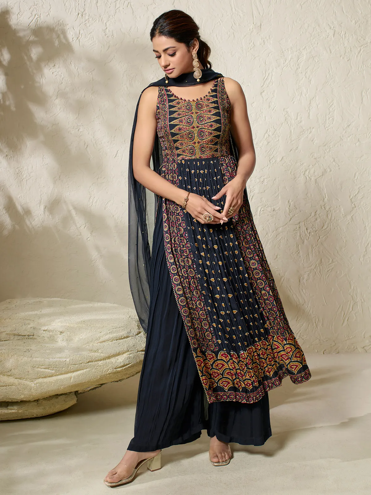 Navy georgette printed nyra cut palazzo suit