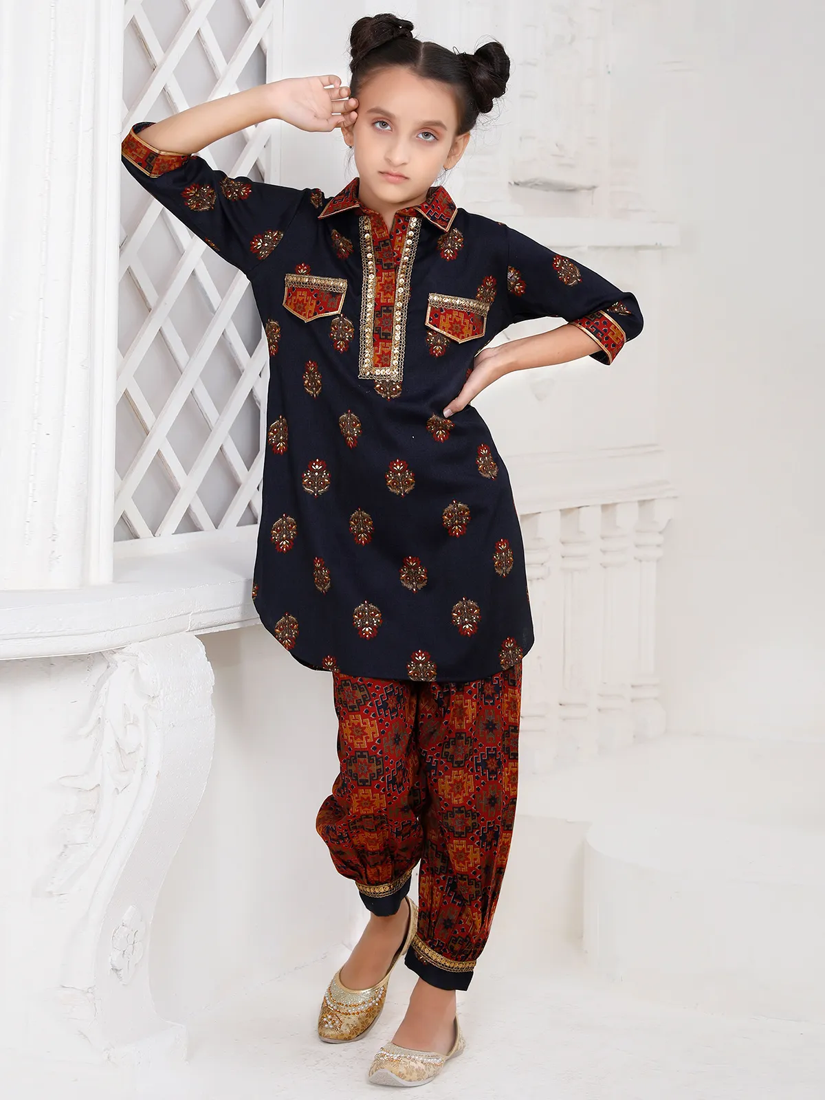 Navy hued printed cotton salwar suit