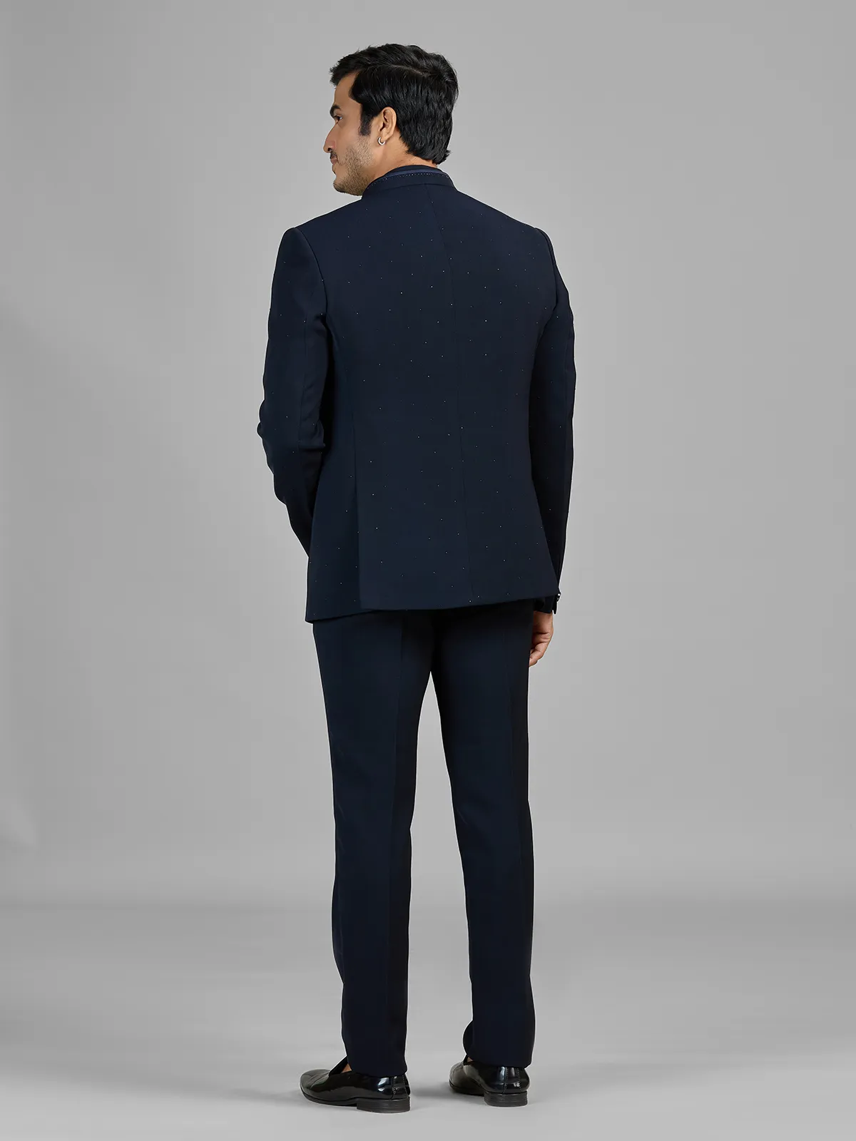 Navy jacket style jodhpuri suit in terry rayon