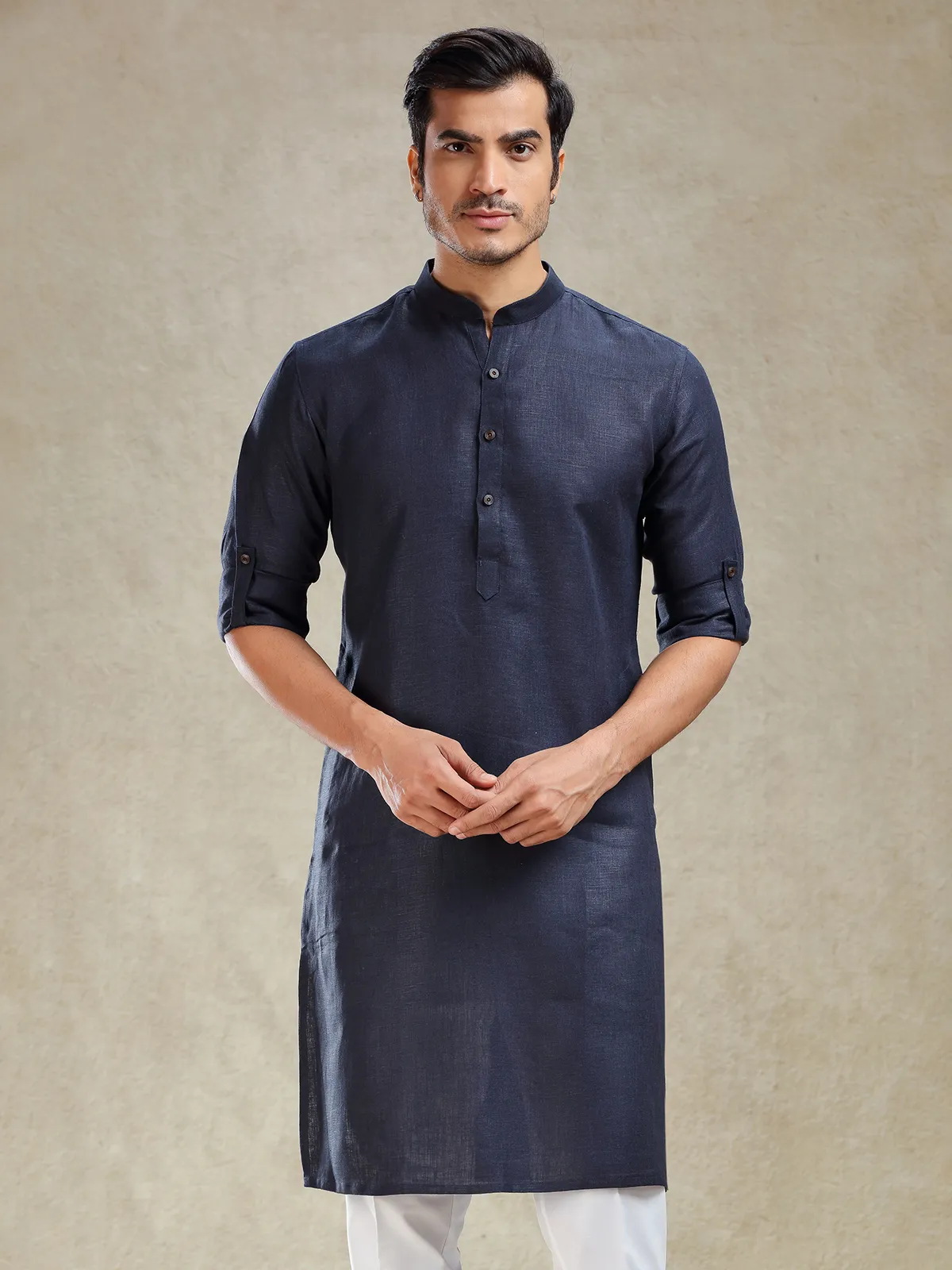 Navy linen kurta for festive wear for mens
