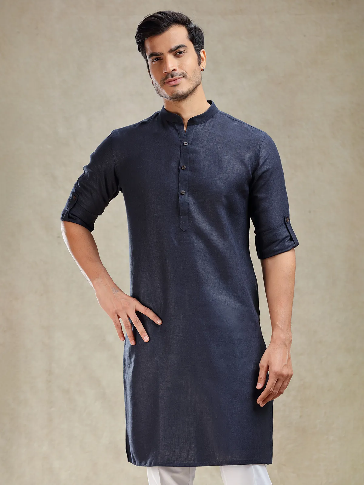 Navy linen kurta for festive wear for mens