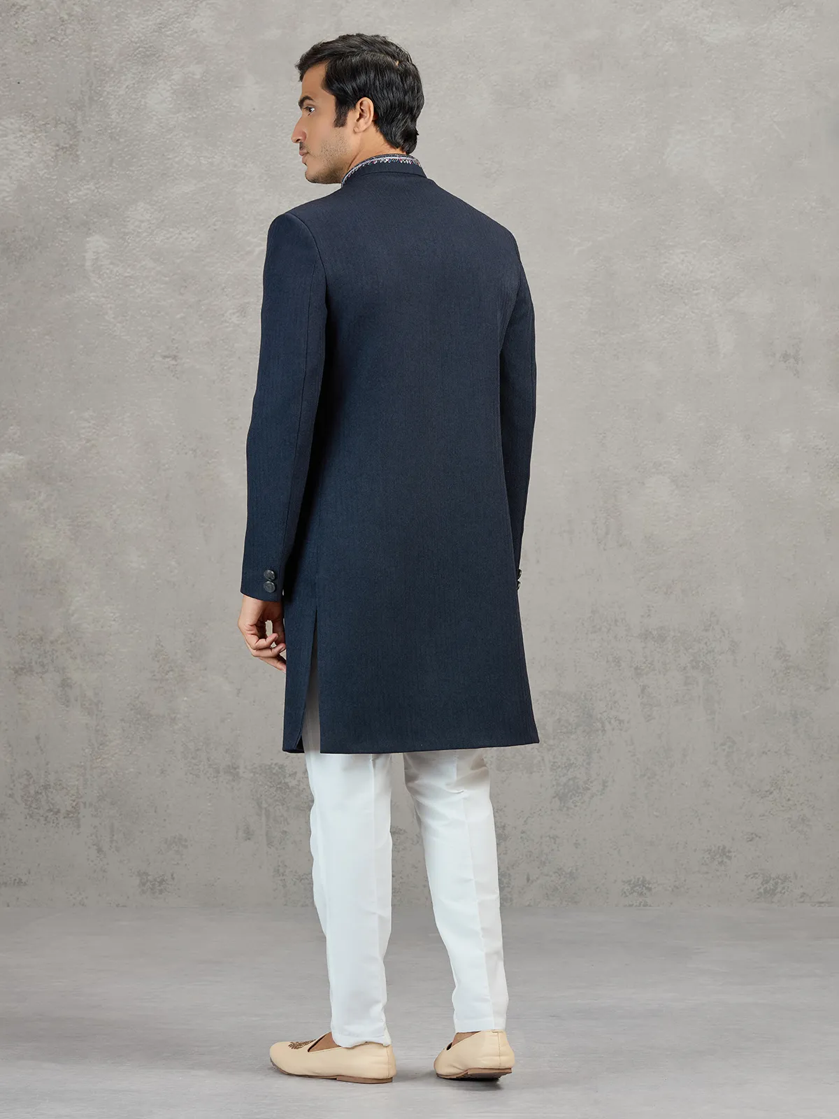 Navy linen viscose wedding wear indowestern set for men