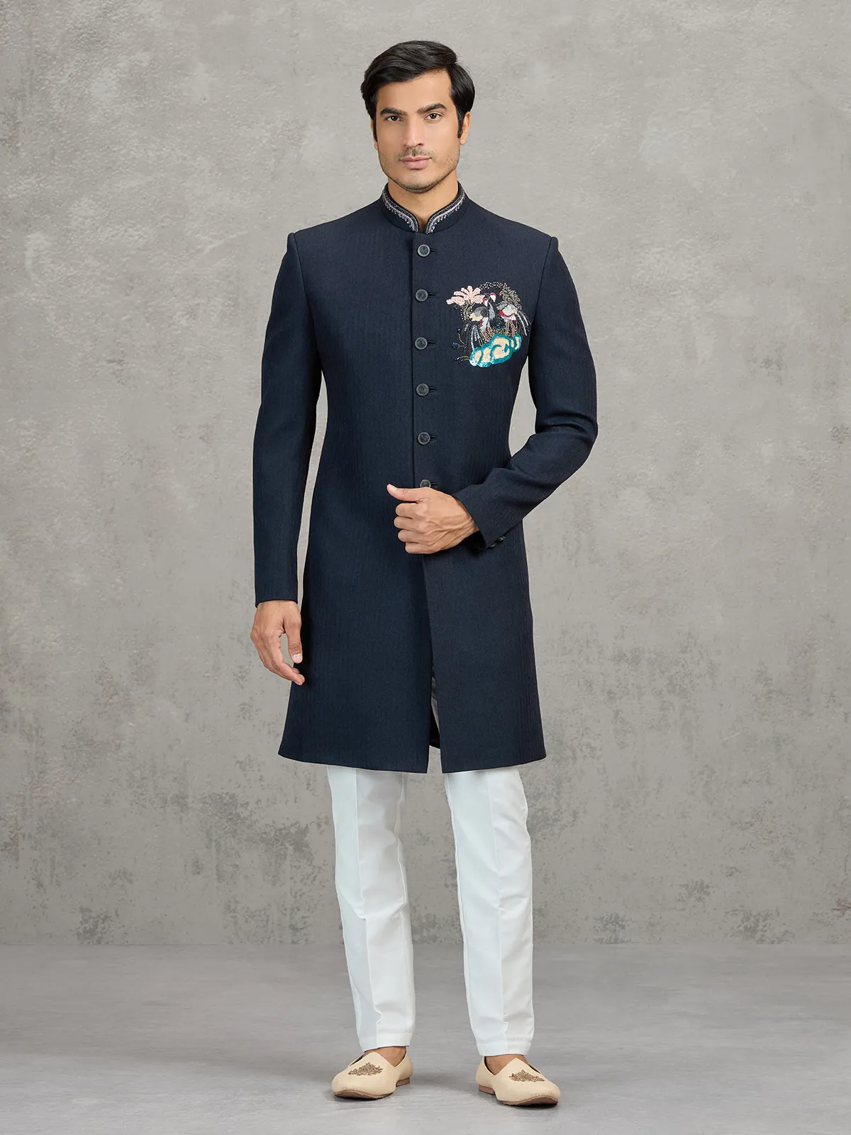 Navy linen viscose wedding wear indowestern set for men