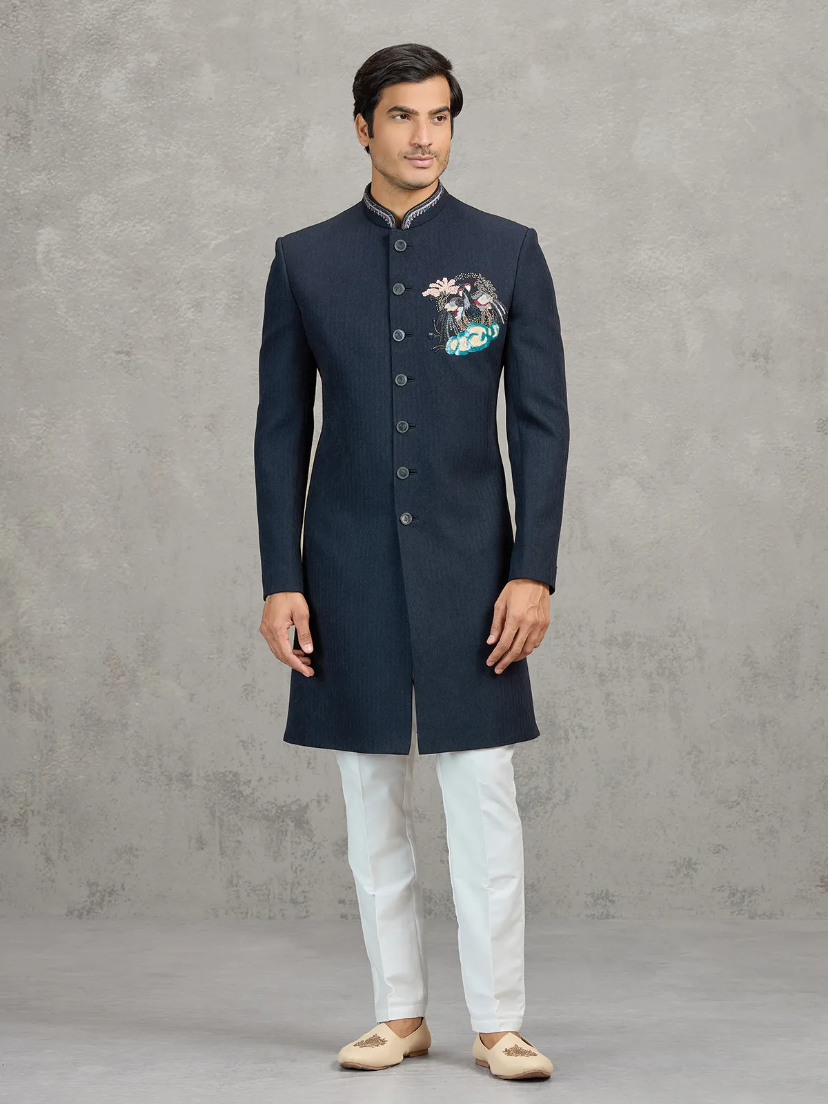 Navy linen viscose wedding wear indowestern set for men
