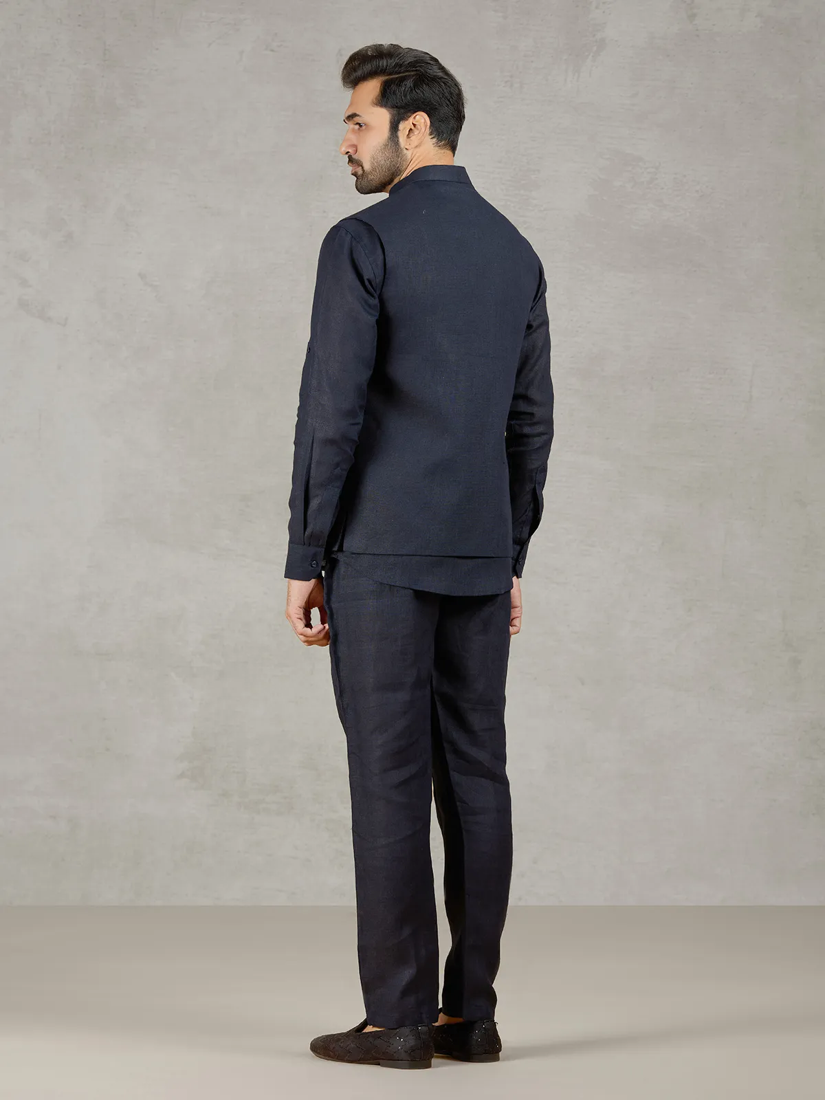 Navy linen waistcoat set with embroidered elephant crest