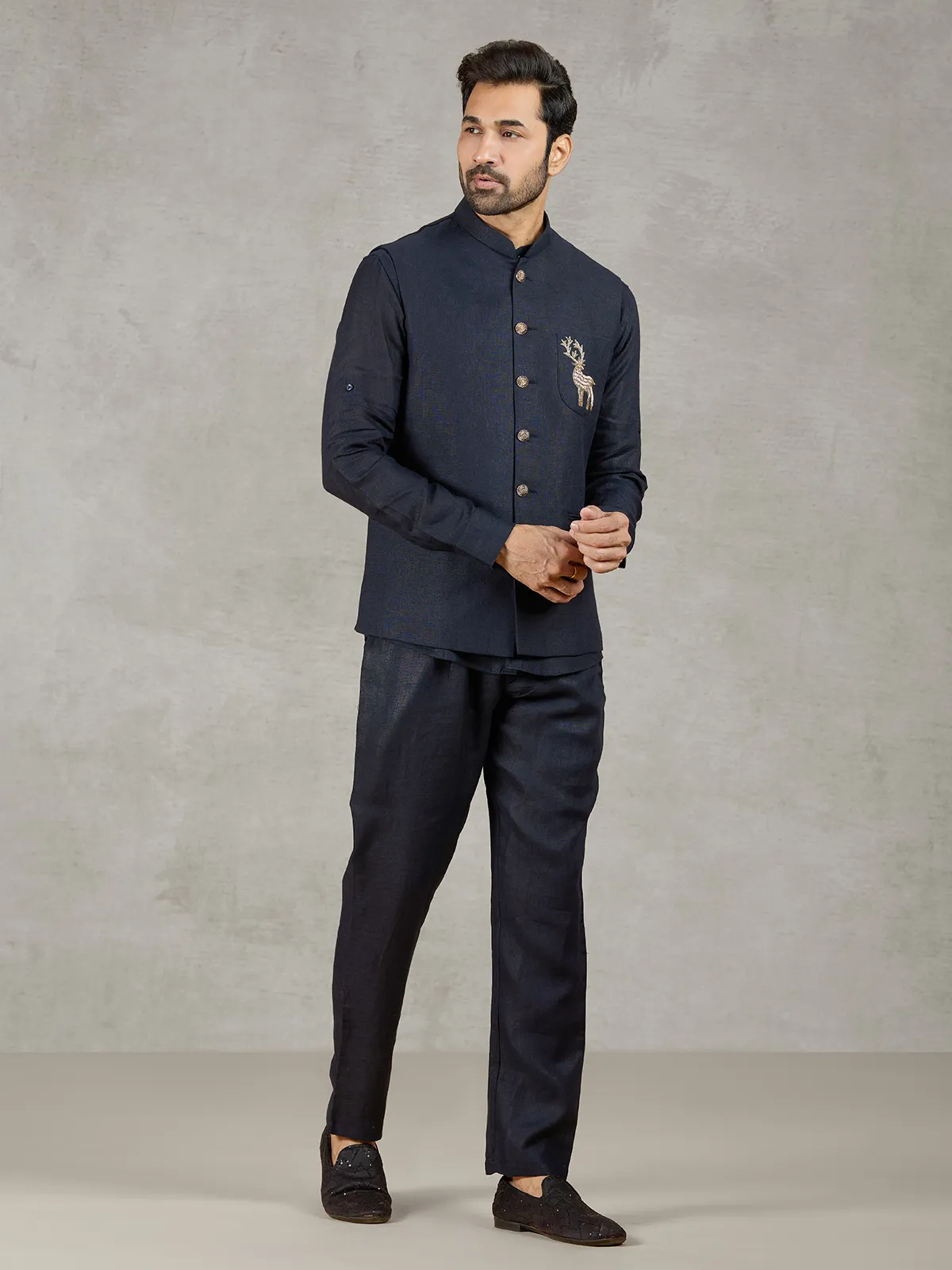 Navy linen waistcoat set with intricate zardosi detailing