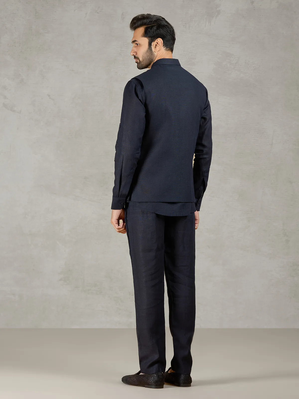 Navy linen waistcoat set with intricate zardosi detailing