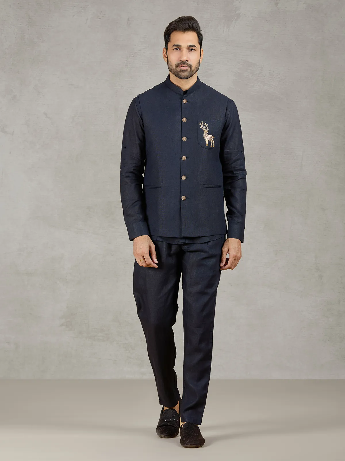 Navy linen waistcoat set with intricate zardosi detailing