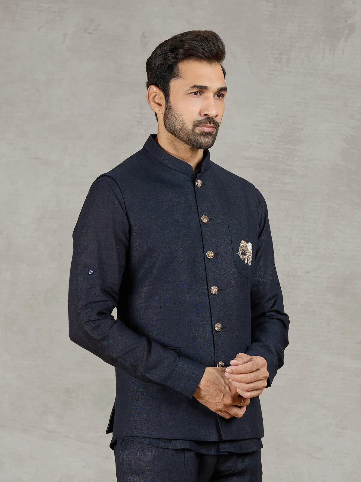 Navy linen waistcoat with shirt and embroidered elephant crest