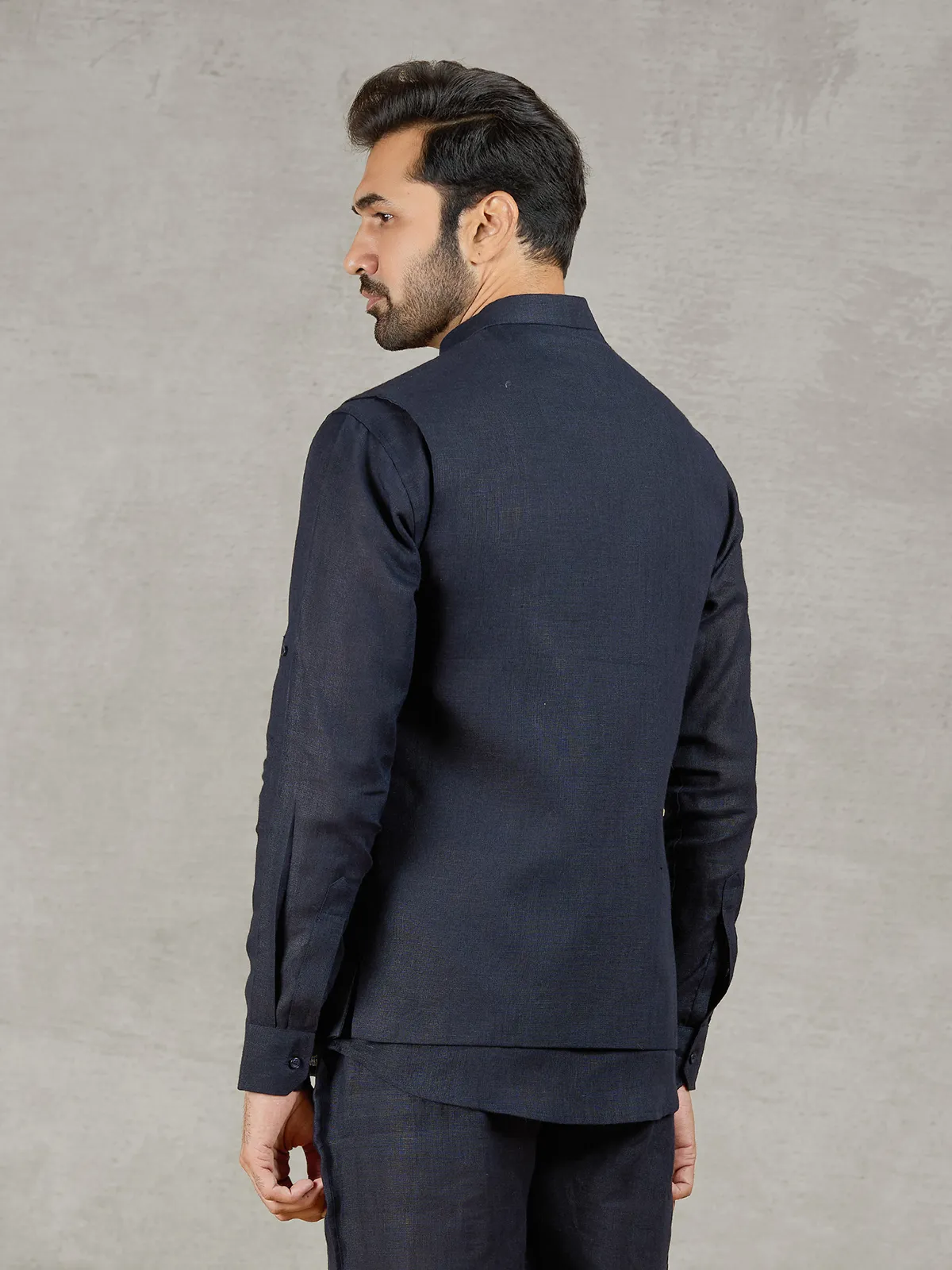 Navy linen waistcoat with shirt and embroidered elephant crest