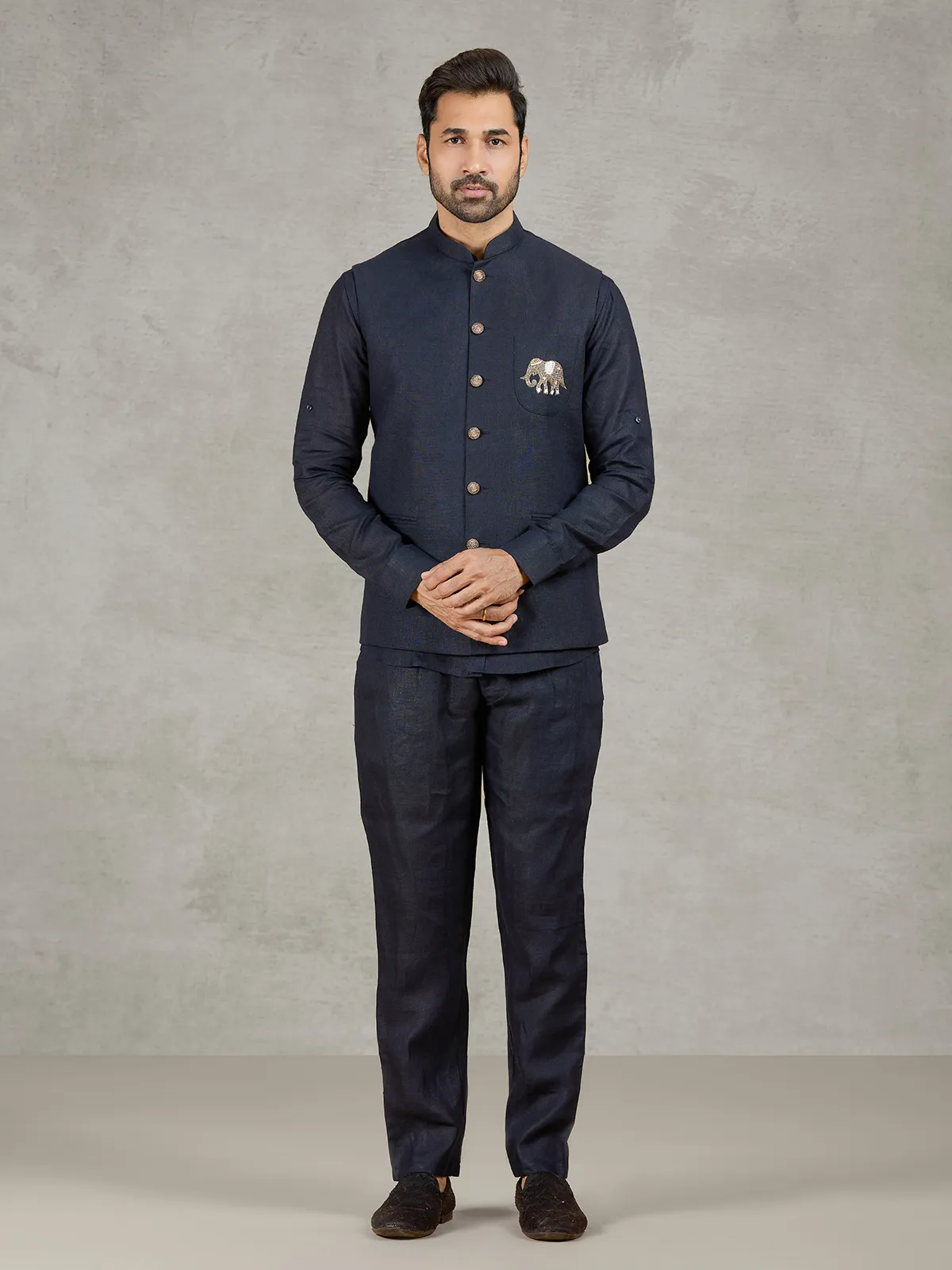 Navy linen waistcoat with shirt and embroidered elephant crest