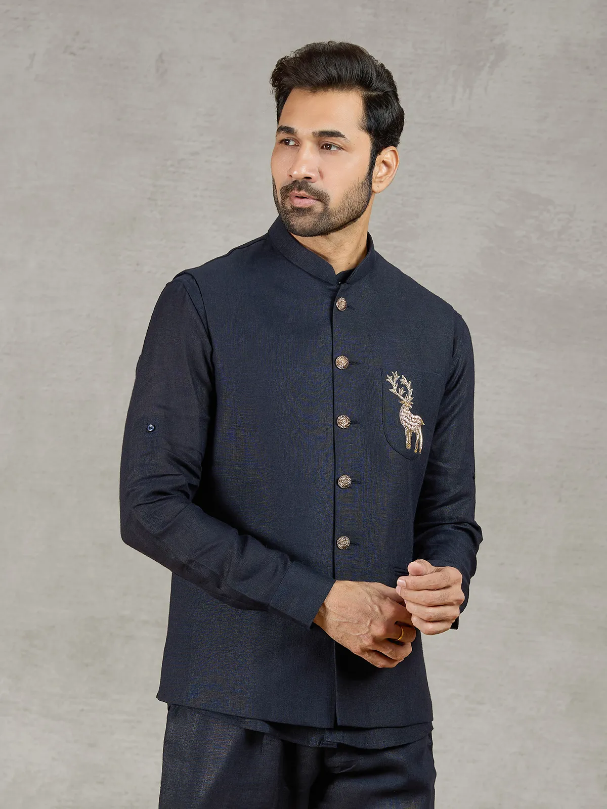 Navy linen waistcoat with shirt and intricate zardosi detailing