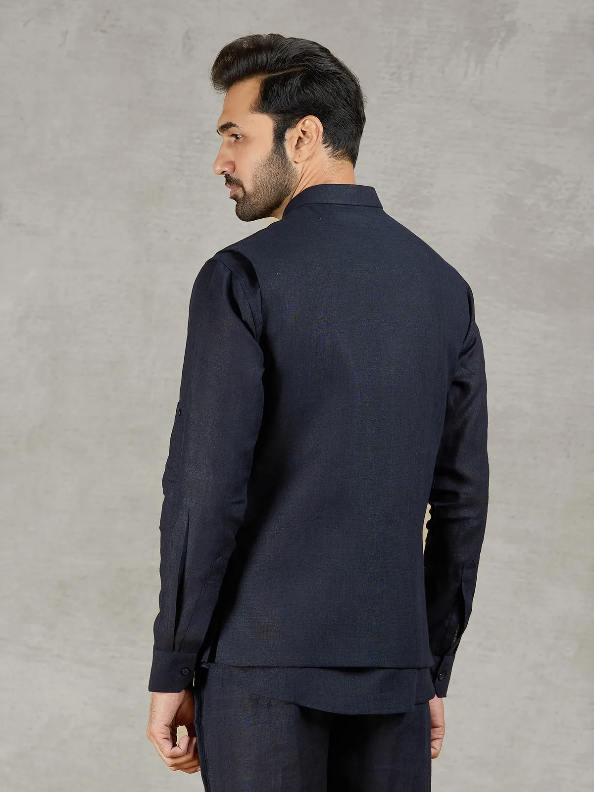 Navy linen waistcoat with shirt and intricate zardosi detailing