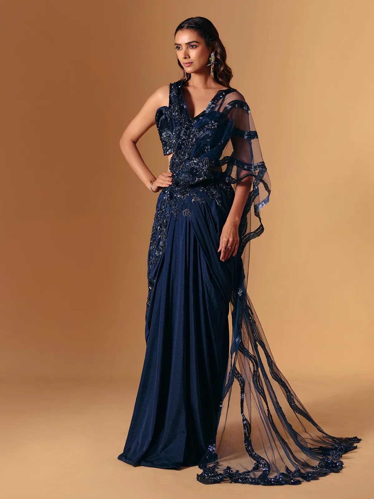 Navy lycra designer saree with cutdana work