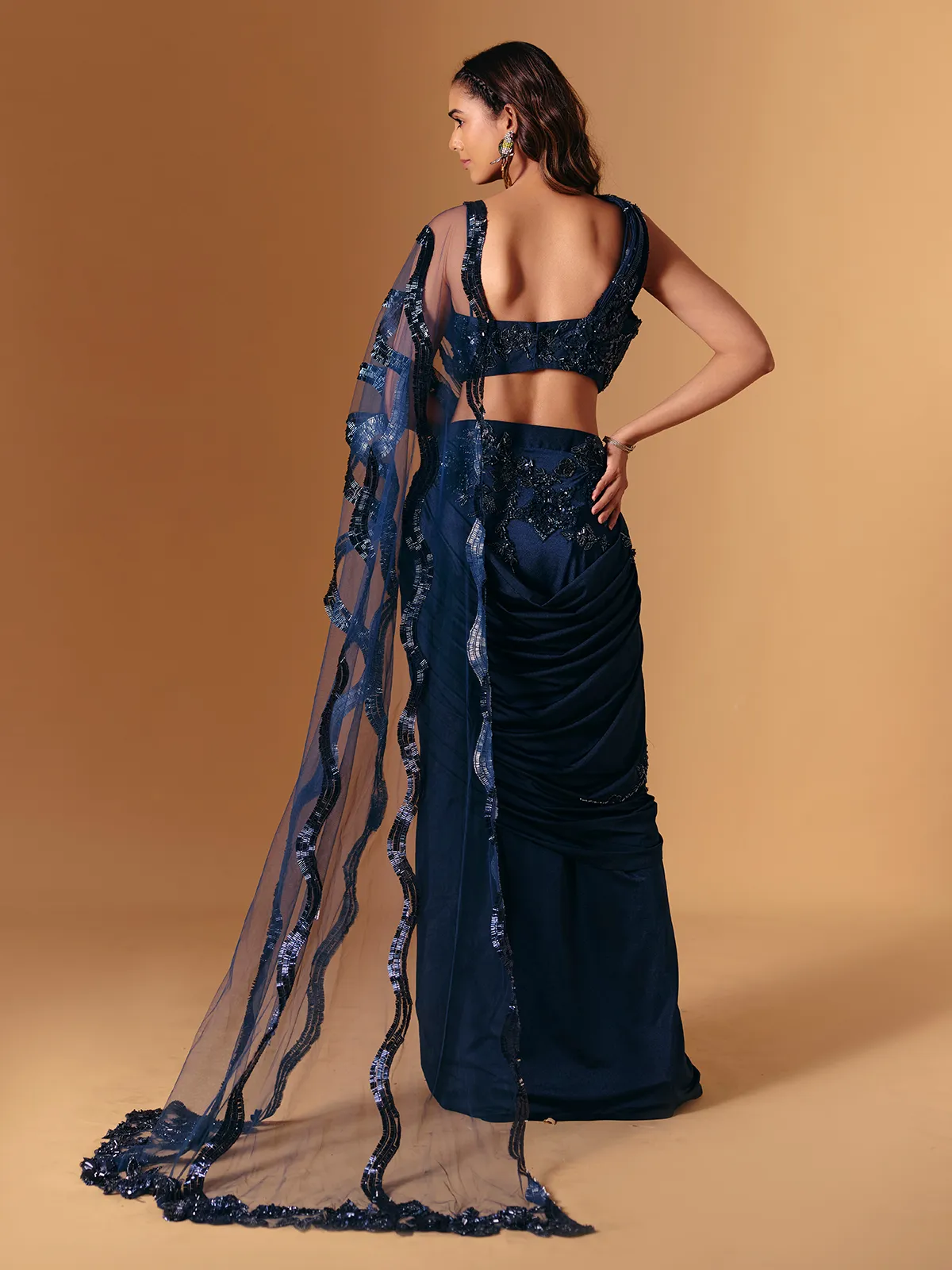 Navy lycra designer saree with cutdana work