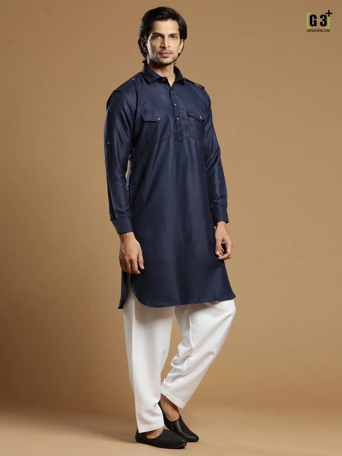 Navy outstanding plain cotton silk men pathani suit