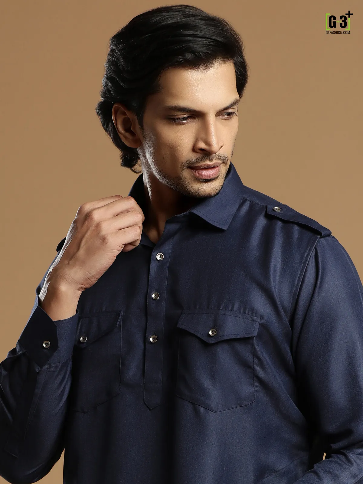 Navy outstanding plain cotton silk men pathani suit