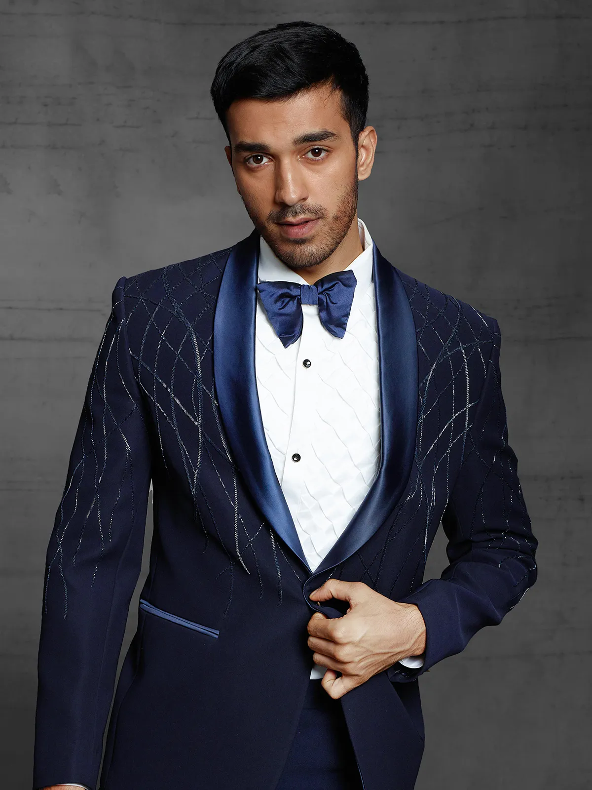 Navy party function tuxedo coat suit in terry rayon