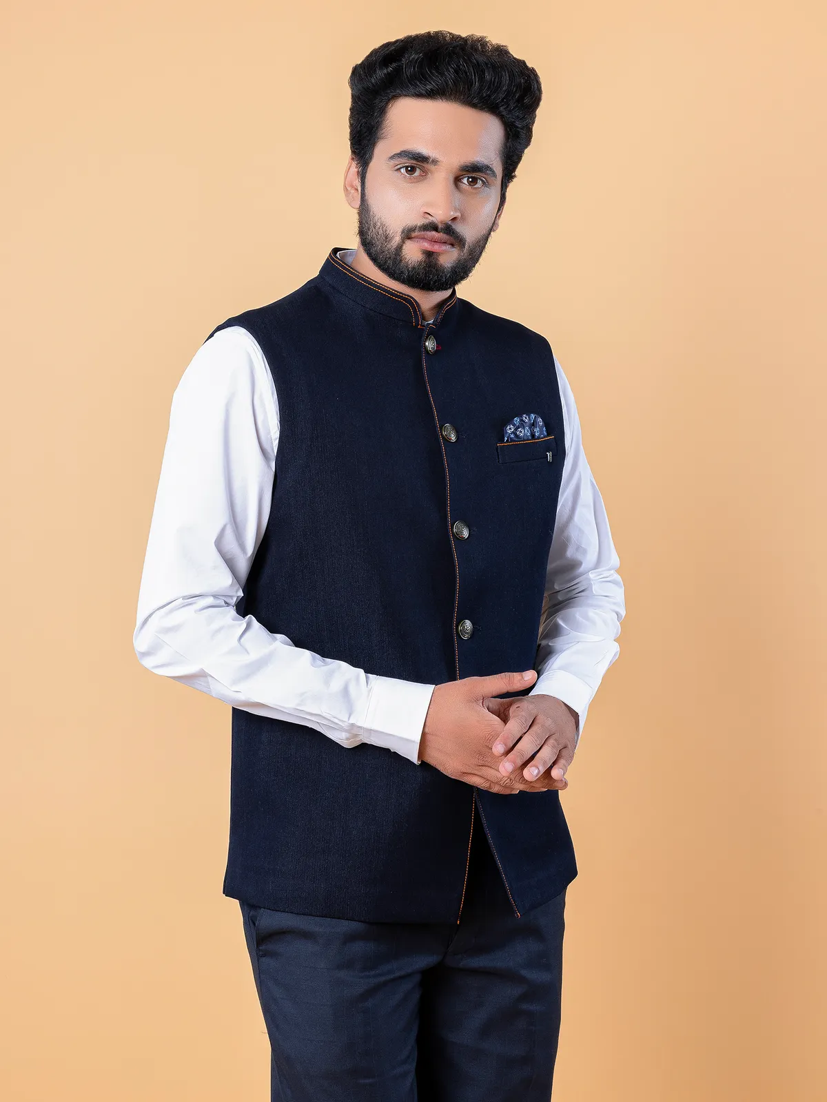 Navy plain waistcoat in terry rayon