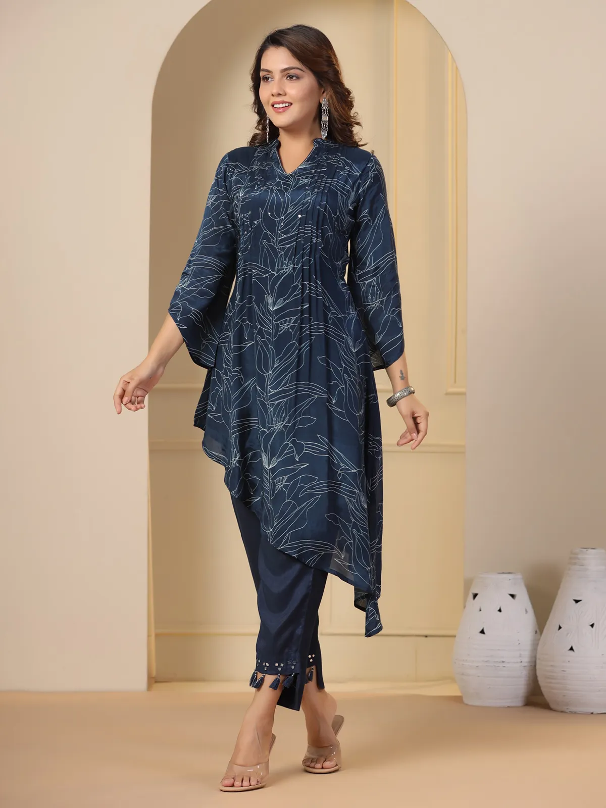 Navy printed kurti set in silk