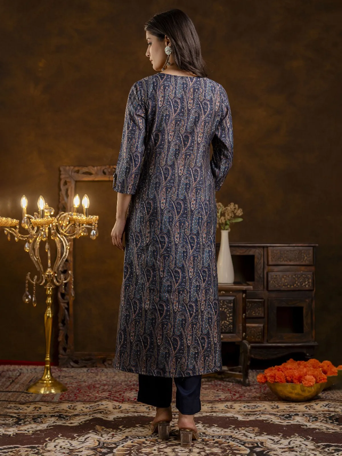Navy printed silk kurti set for festive