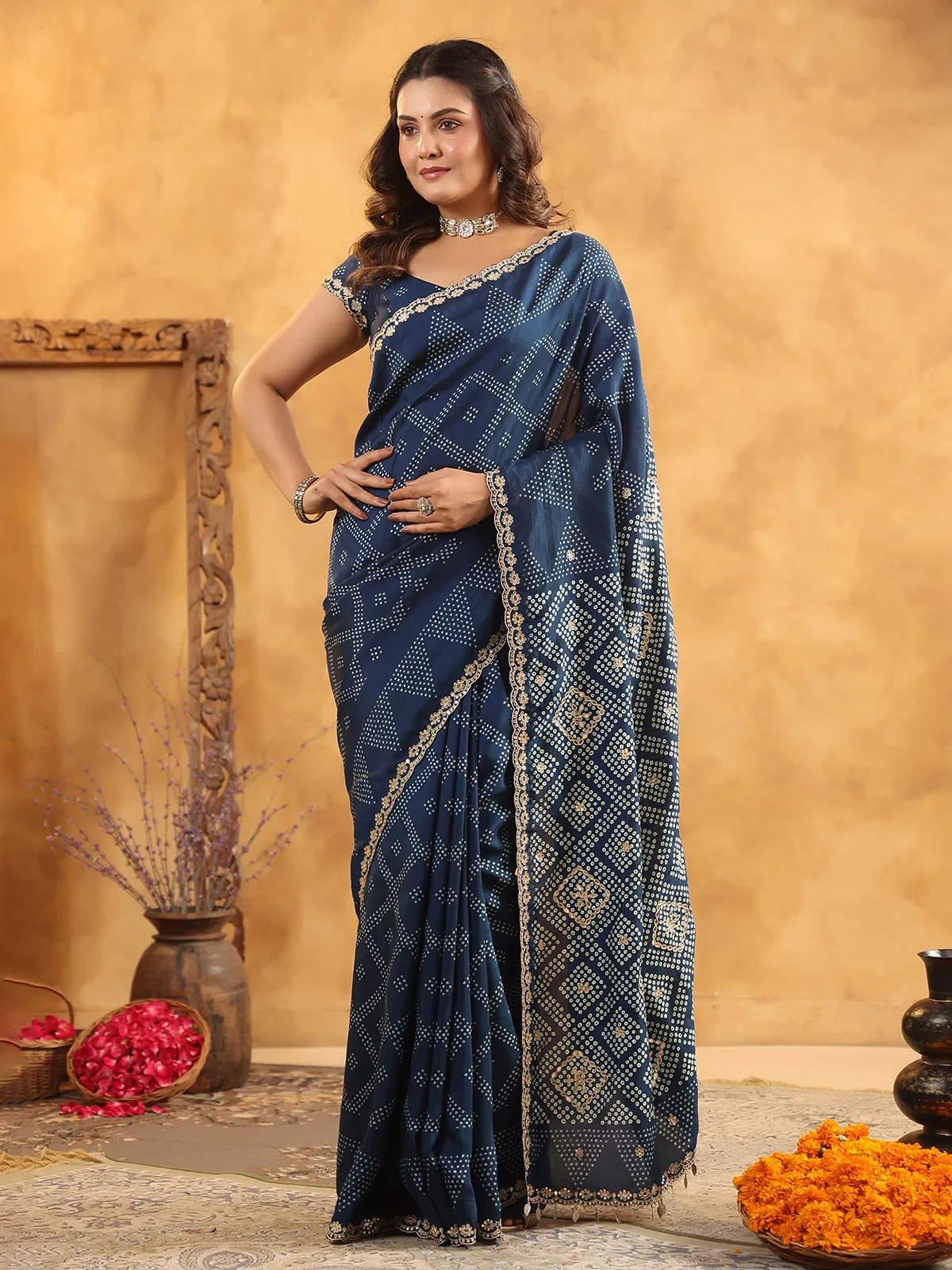 Navy printed silk saree with aabla highlights