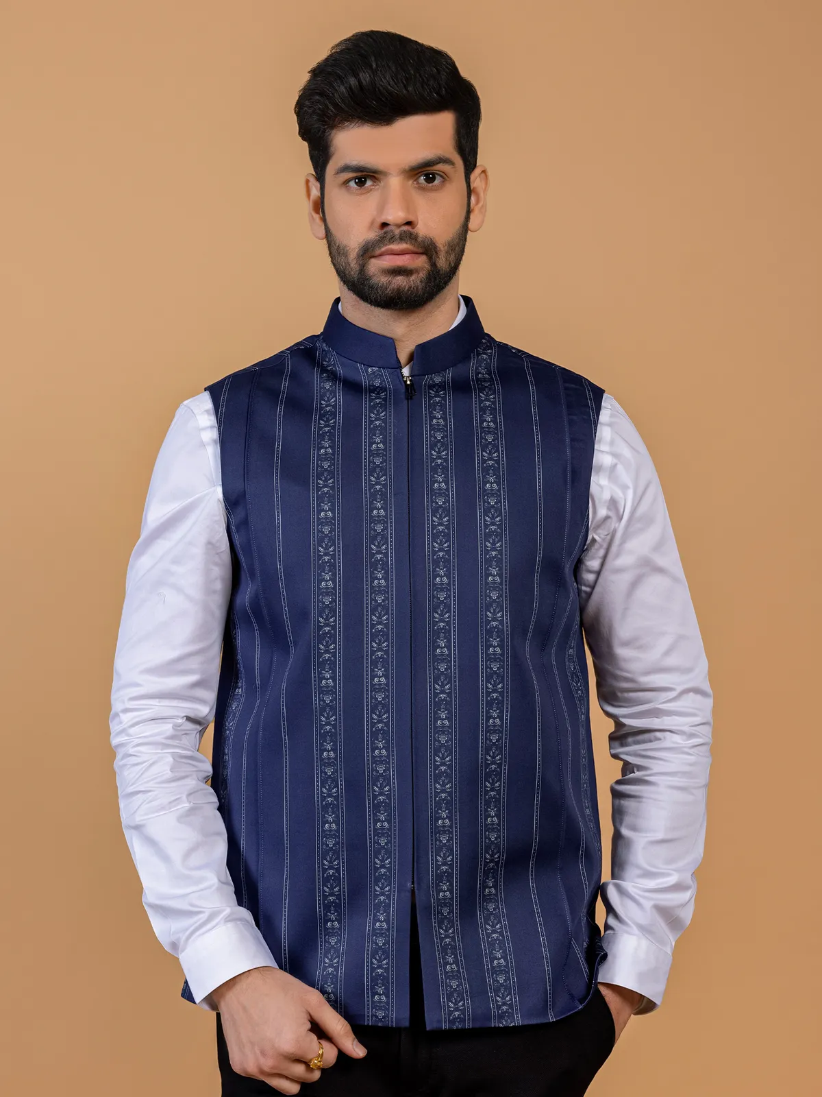 Navy printed waistcoat in silk