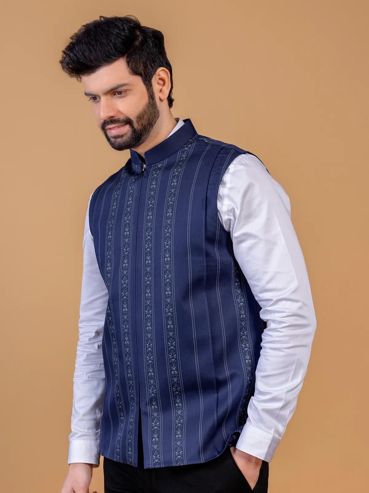 Navy printed waistcoat in silk