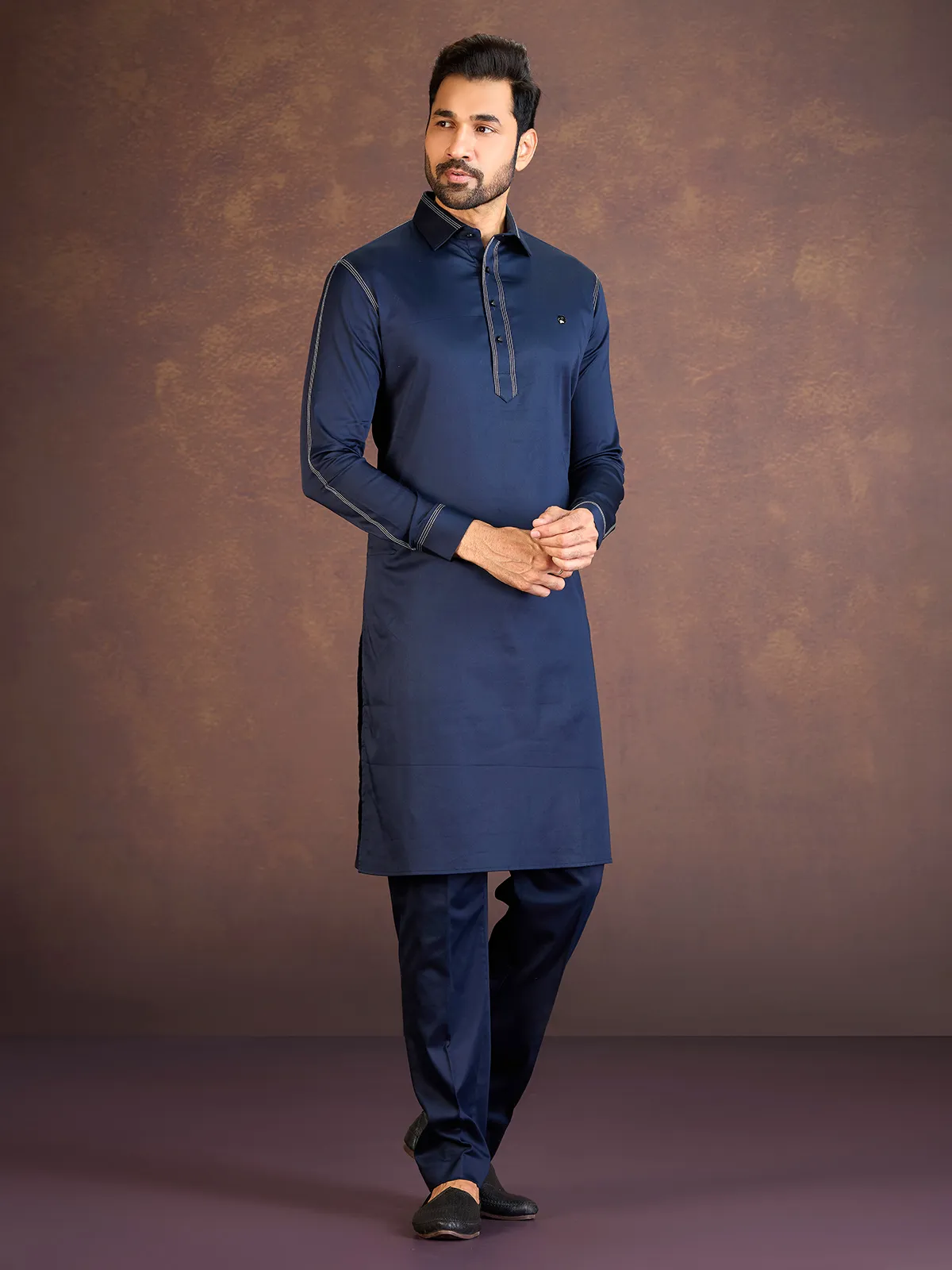 Pathani Rumaal Navy satin cotton lycra pathani suit for fetival-G3-MPS4355