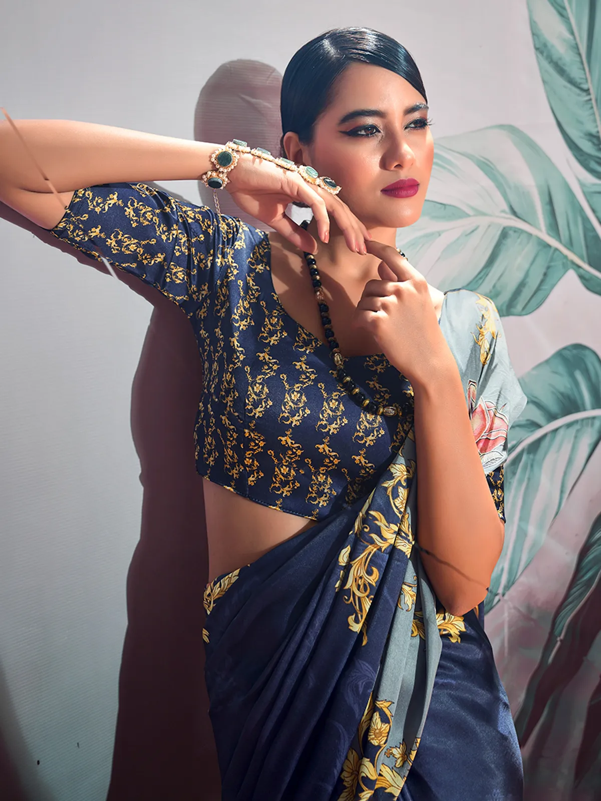 Navy satin crepe digital printed saree