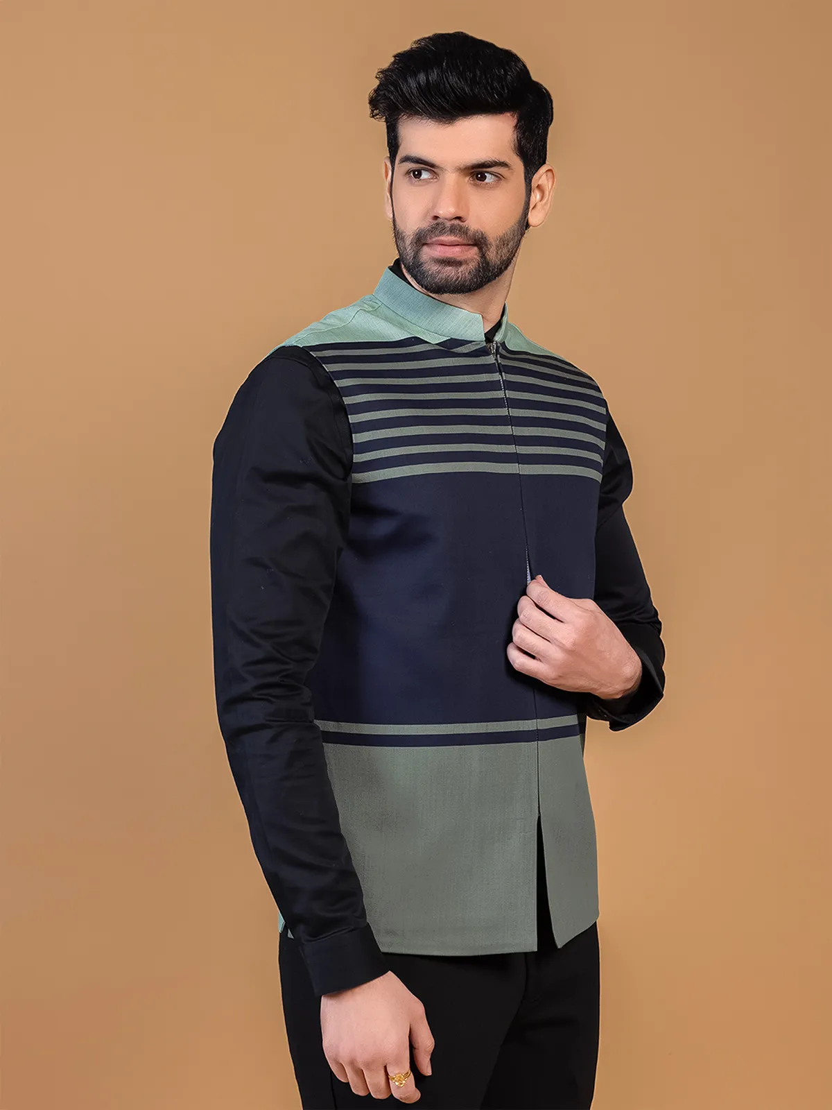 Navy silk color block waistcoat