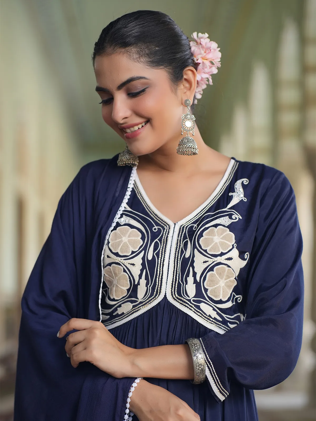 Navy silk embroidery kurti set