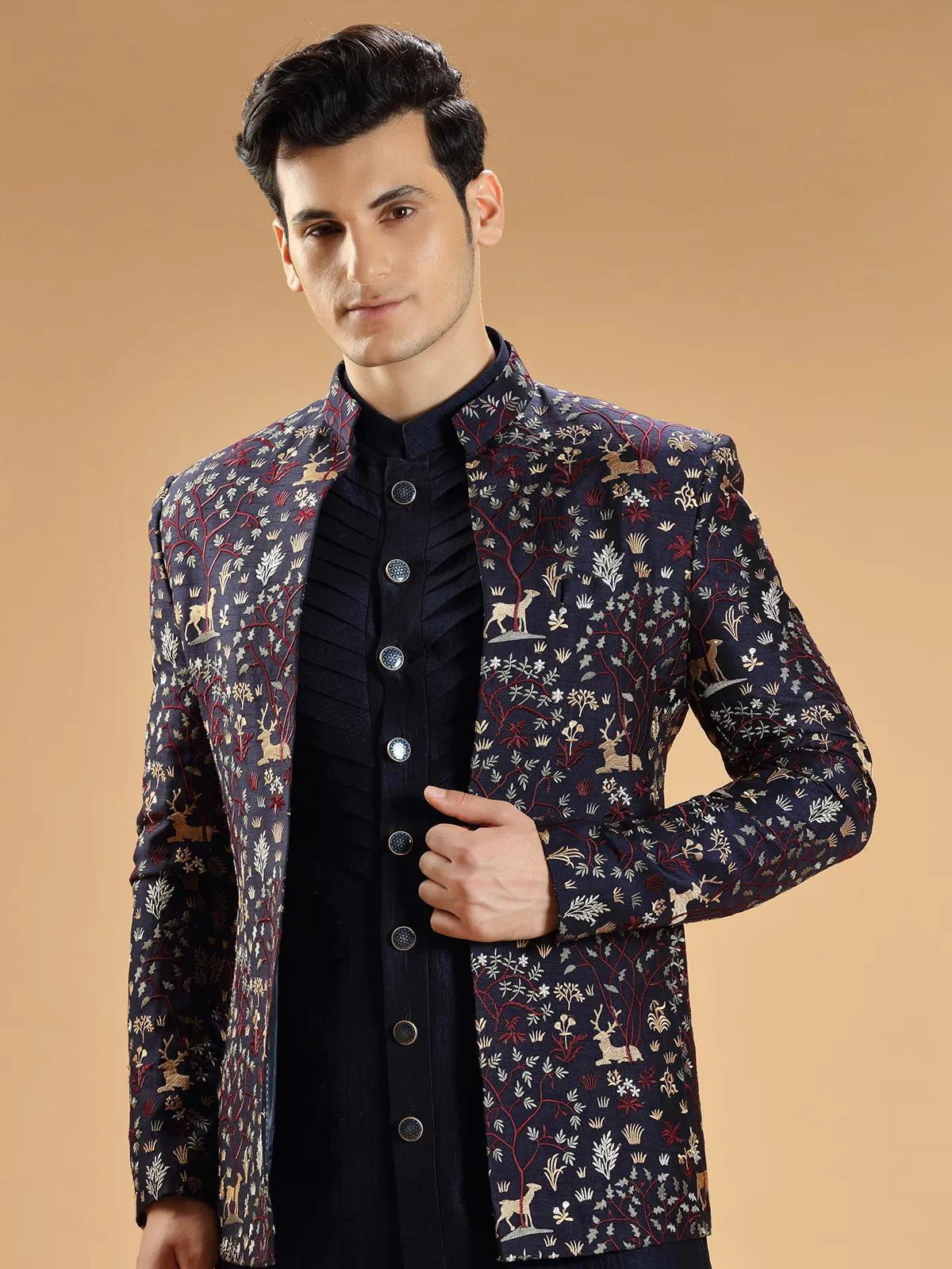 Navy silk indowestern with embroidery