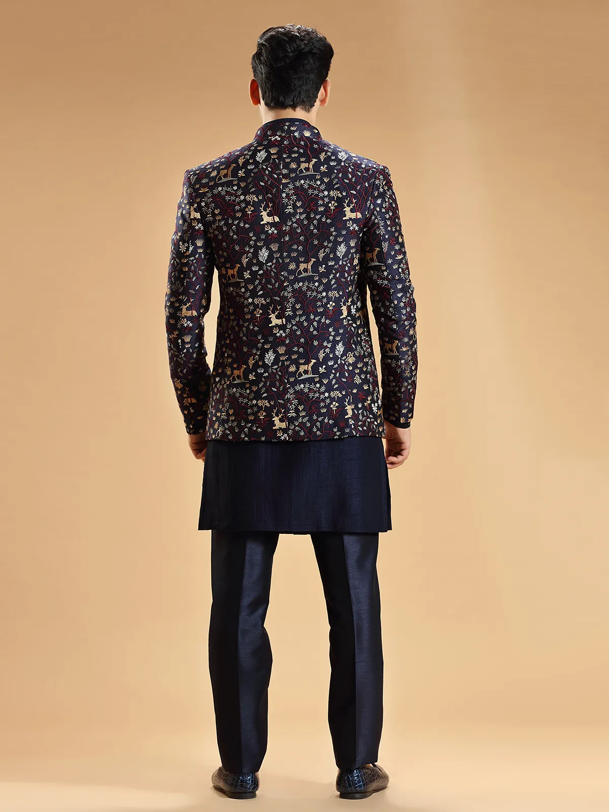 Navy silk indowestern with embroidery